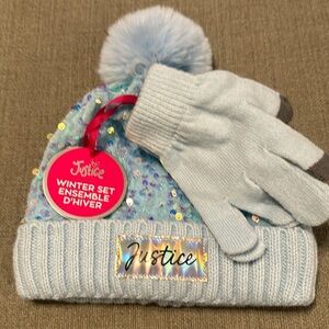 Justice brand new blue sequin hat, and gloves